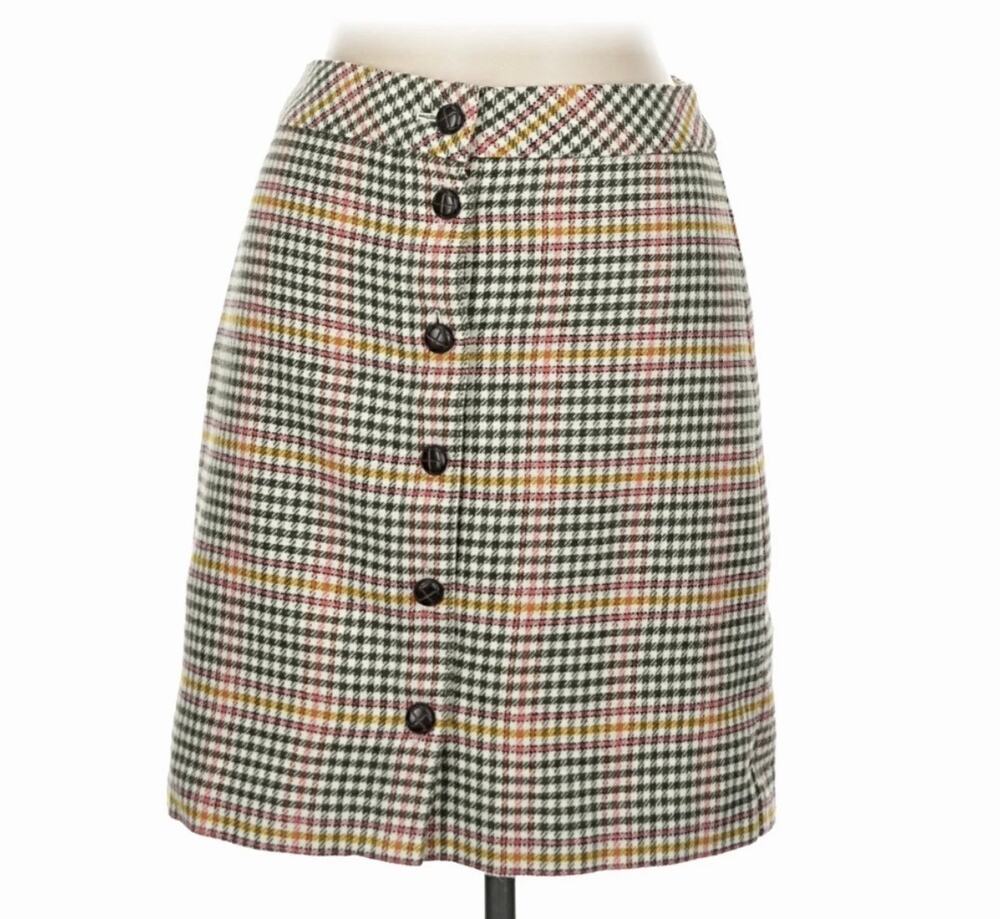 Talbots Houndstooth Plaid A-Line Skirt Wool Blend Button Front Lined Women’s 10